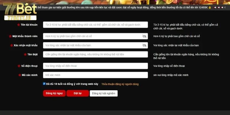 Các bước đăng ký 77BET đơn giản, dễ thực hiện ngay lần đầu.